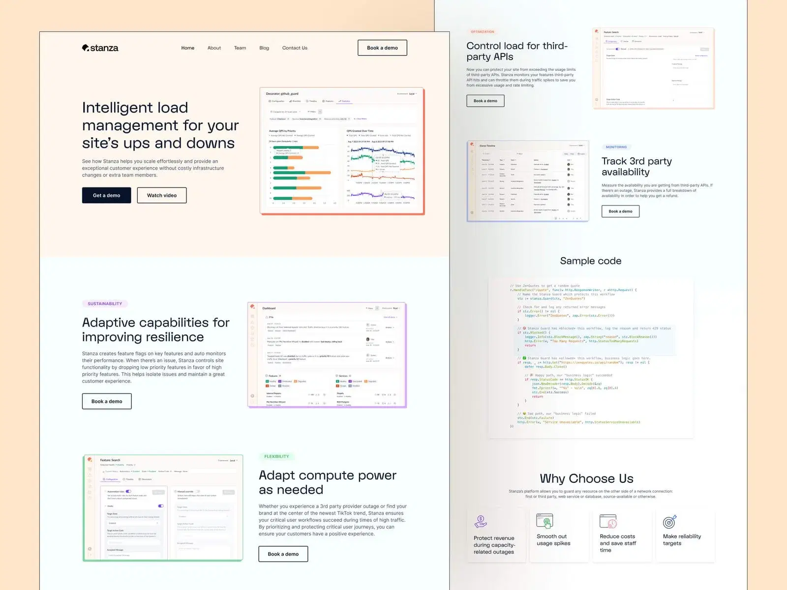 Stanza's services and features including adaptive capabilities, compute power adjustment, third-party API load control, and sample code, including options to book a demo and watch a video