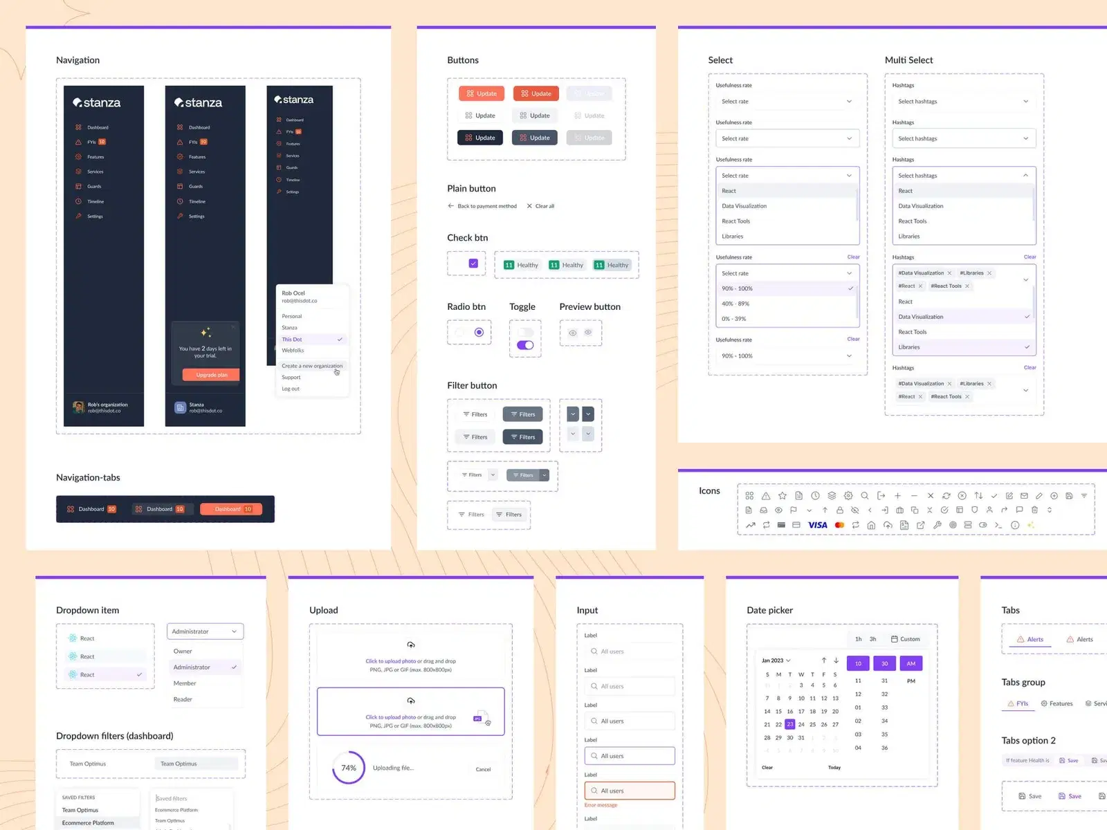 Component guide showing various elements such as navigation menus, buttons, select and multi-select dropdowns, icons, input fields, date pickers, tabs, and upload functionalities