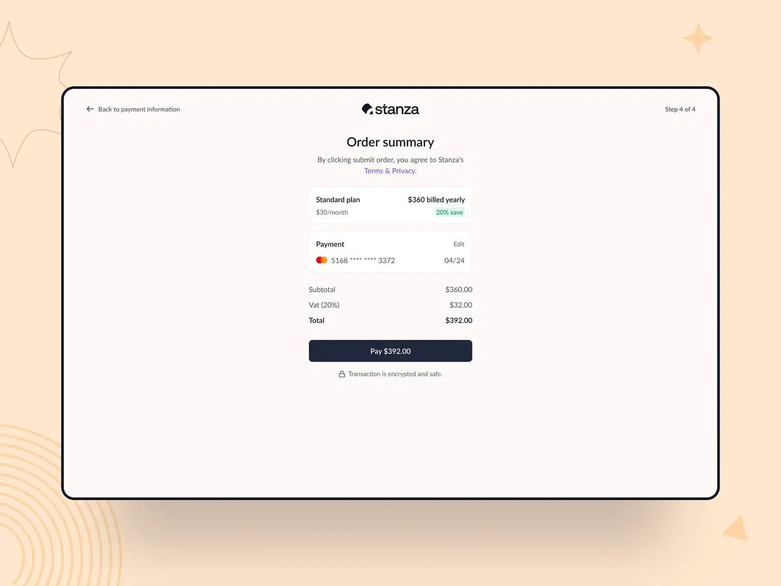Order summary showing plan selected, payment details, and total