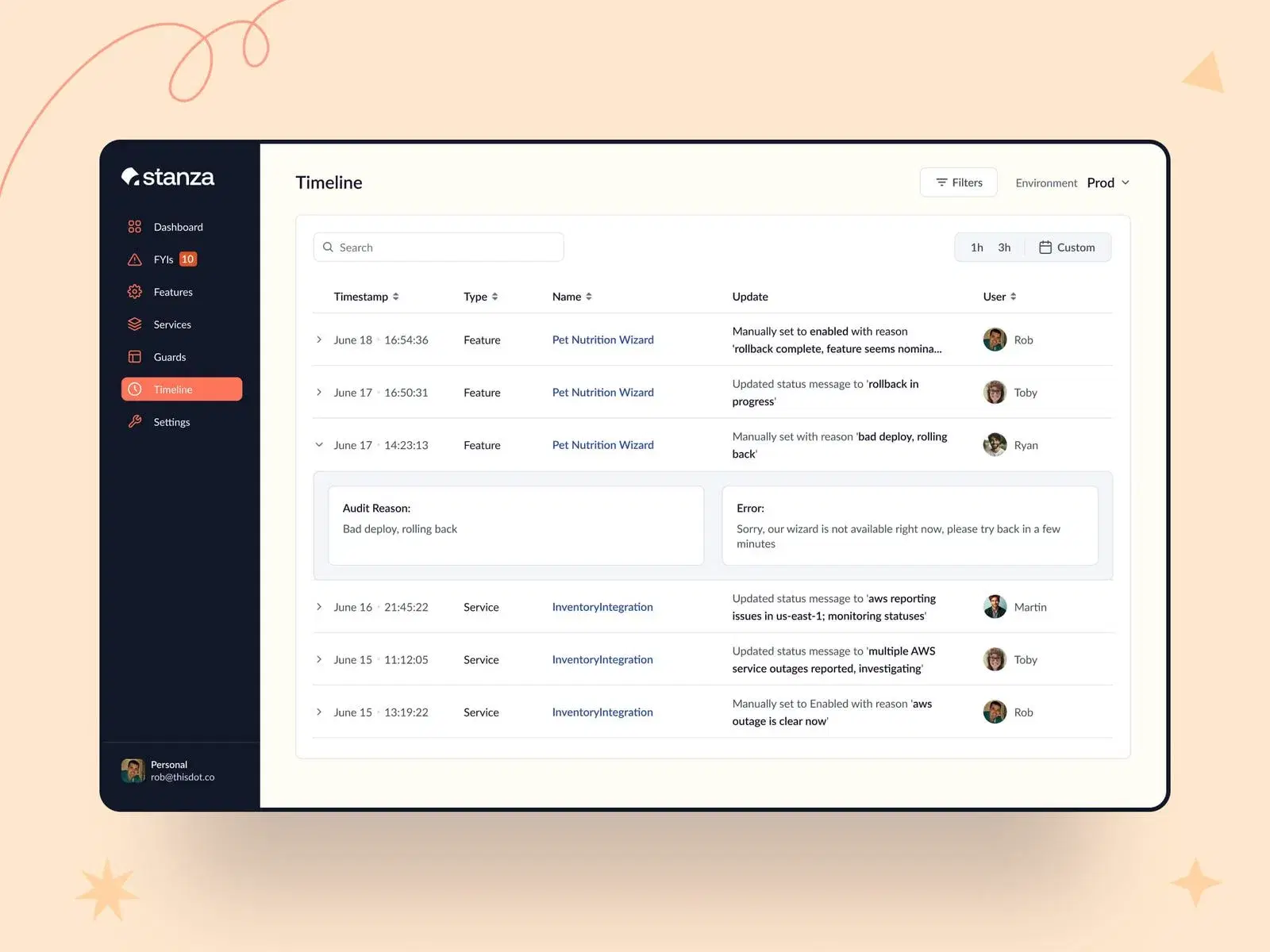 Dashboard with timeline tab selected displaying timeline of updates