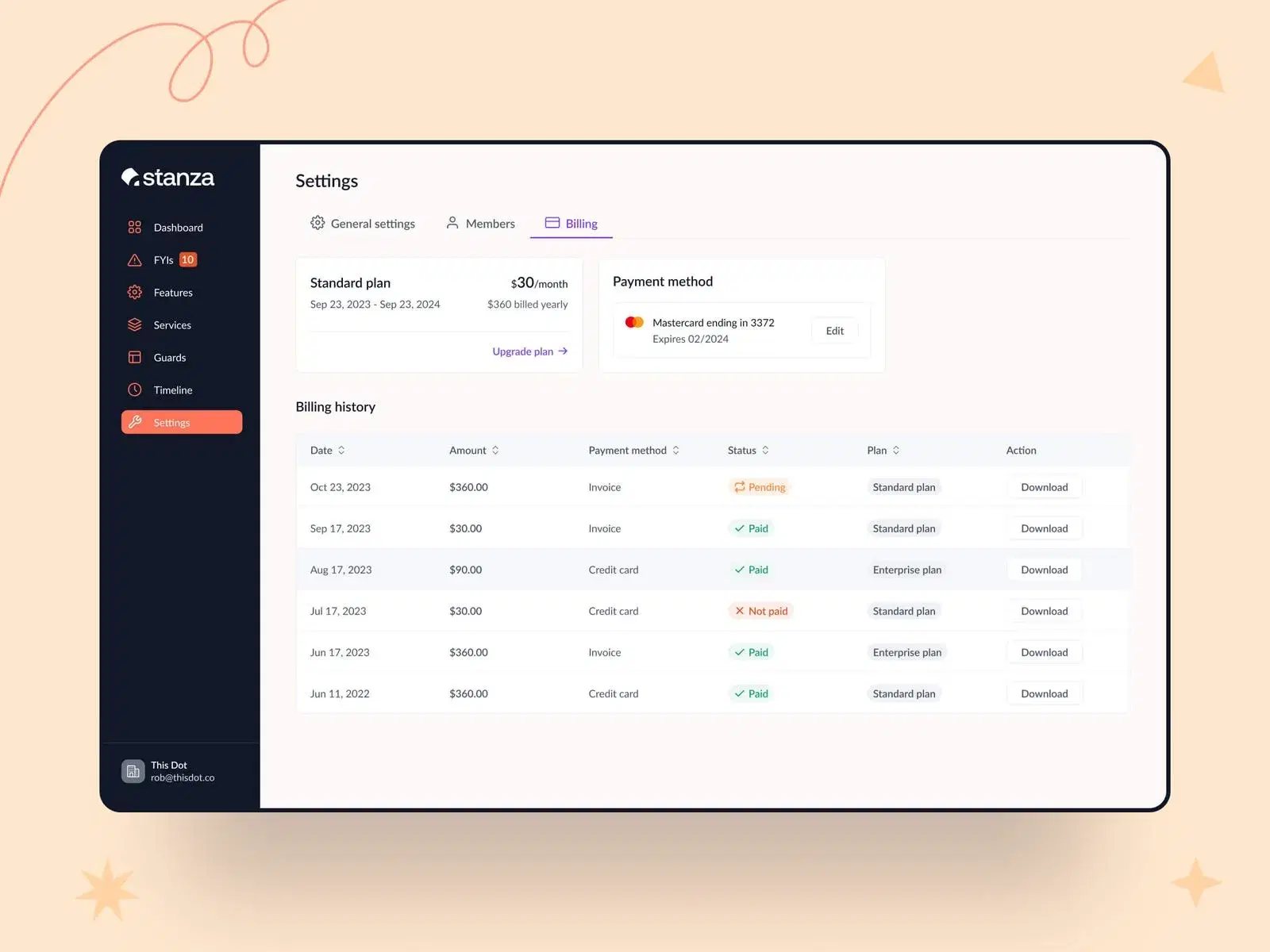 Billing settings page displaying plan, payment method, and billing history