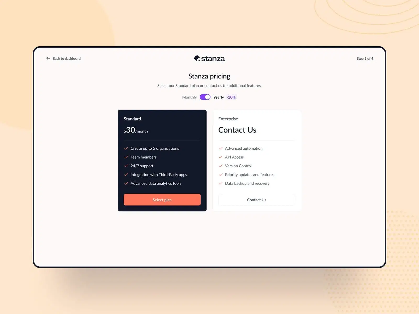 Pricing page showing two plan options