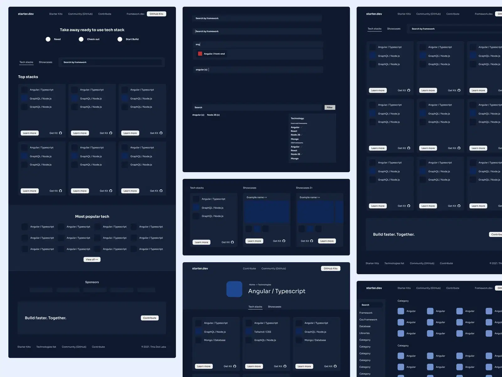 Shows a list of pre-configured tech stacks including Angular/Typescript, Next.js/React Query/Tailwind, Remix/GraphQL/Tailwind, and more available on Starter.dev