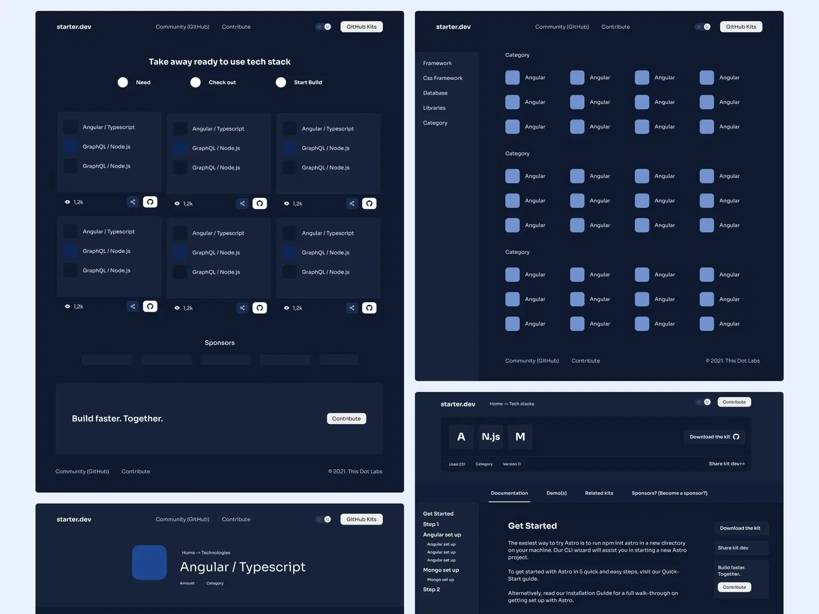 Starter.dev offerings including sections on starter kits, command line interface, community, and GitHub repositories
