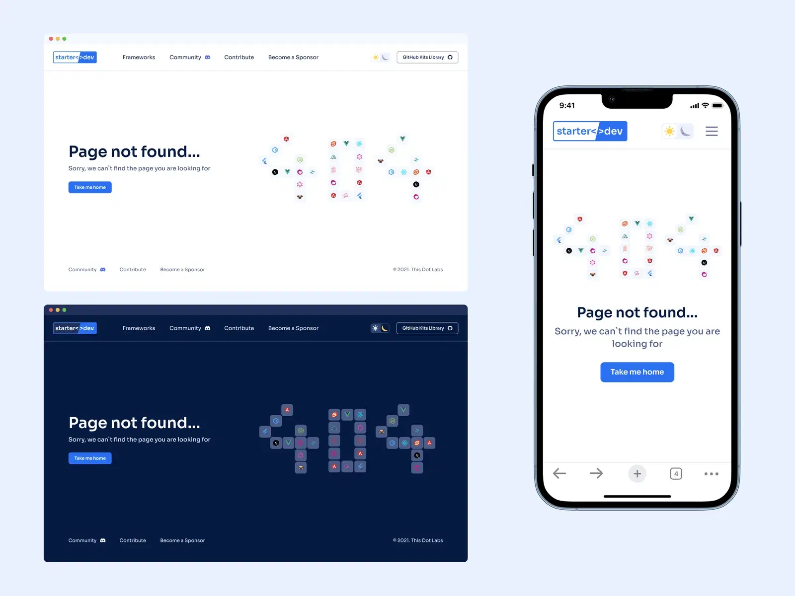 Starter.dev 404 page where the numbers are created using technology and frameworks logos
