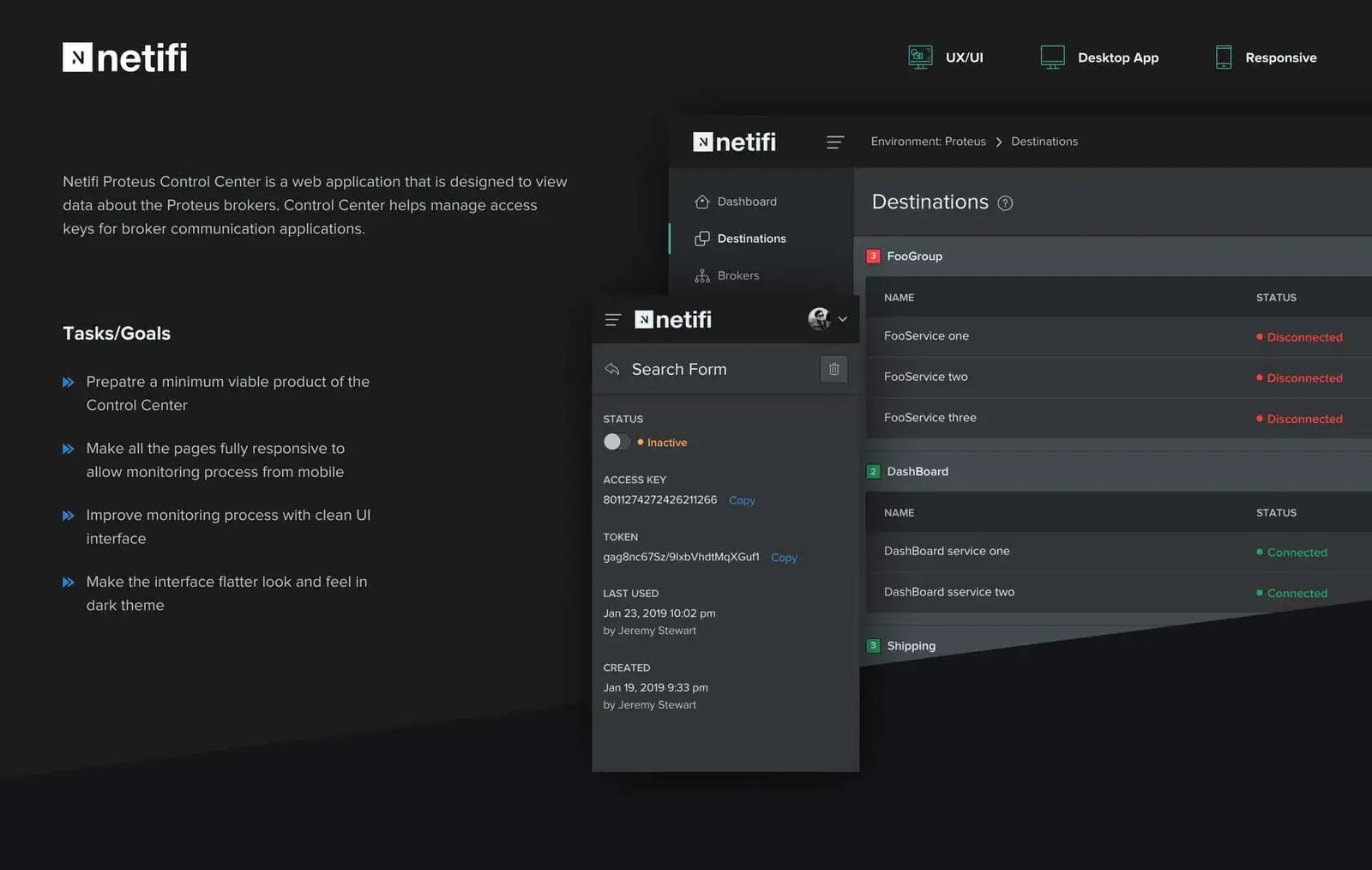 Netifi Control Center interface with left side highlights tasks and goals right side displays a dashboard
