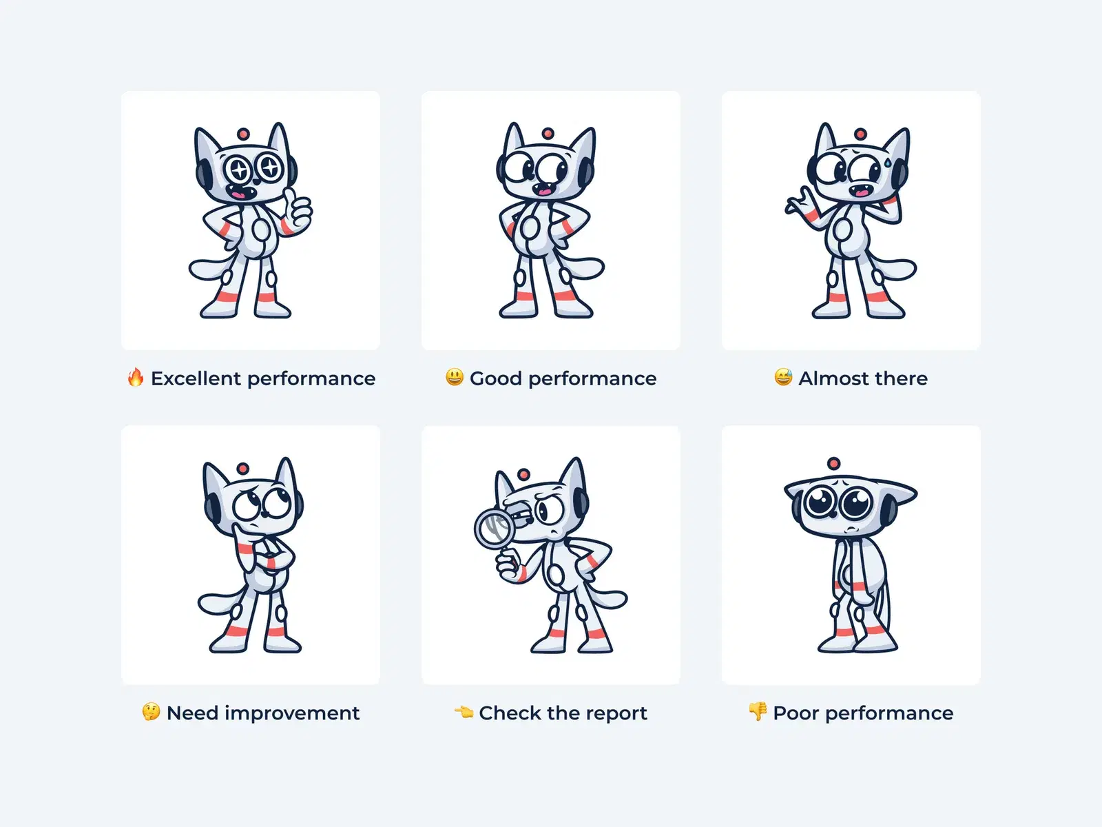 Six different poses of the PerfBuddy mascot, each representing a performance status