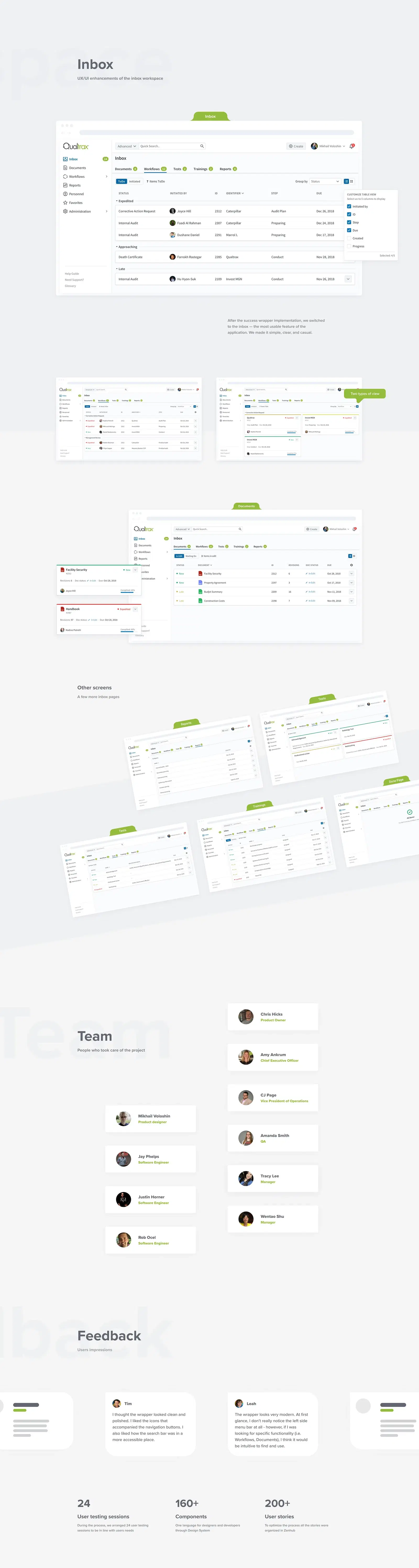 Showcases the UI/UX enhancements of the Qualtrax workspace, detailing the updated design for improved usability