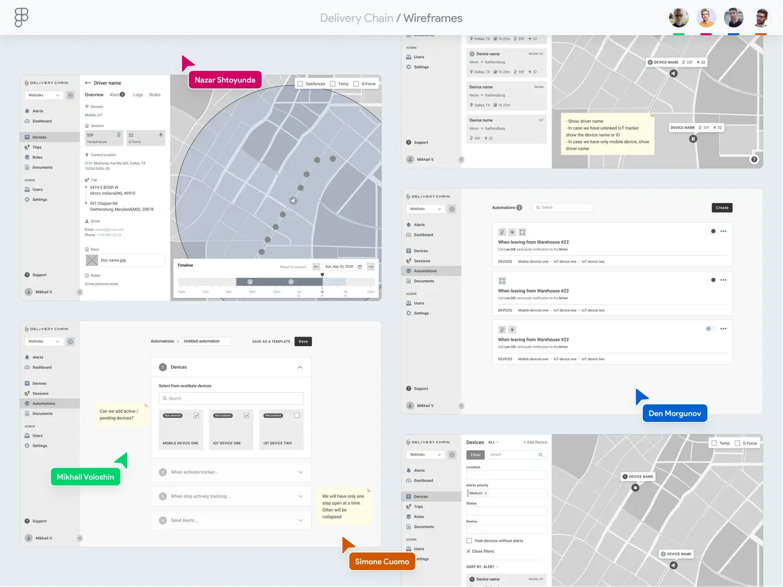 A collection of wireframes for a delivery chain management application