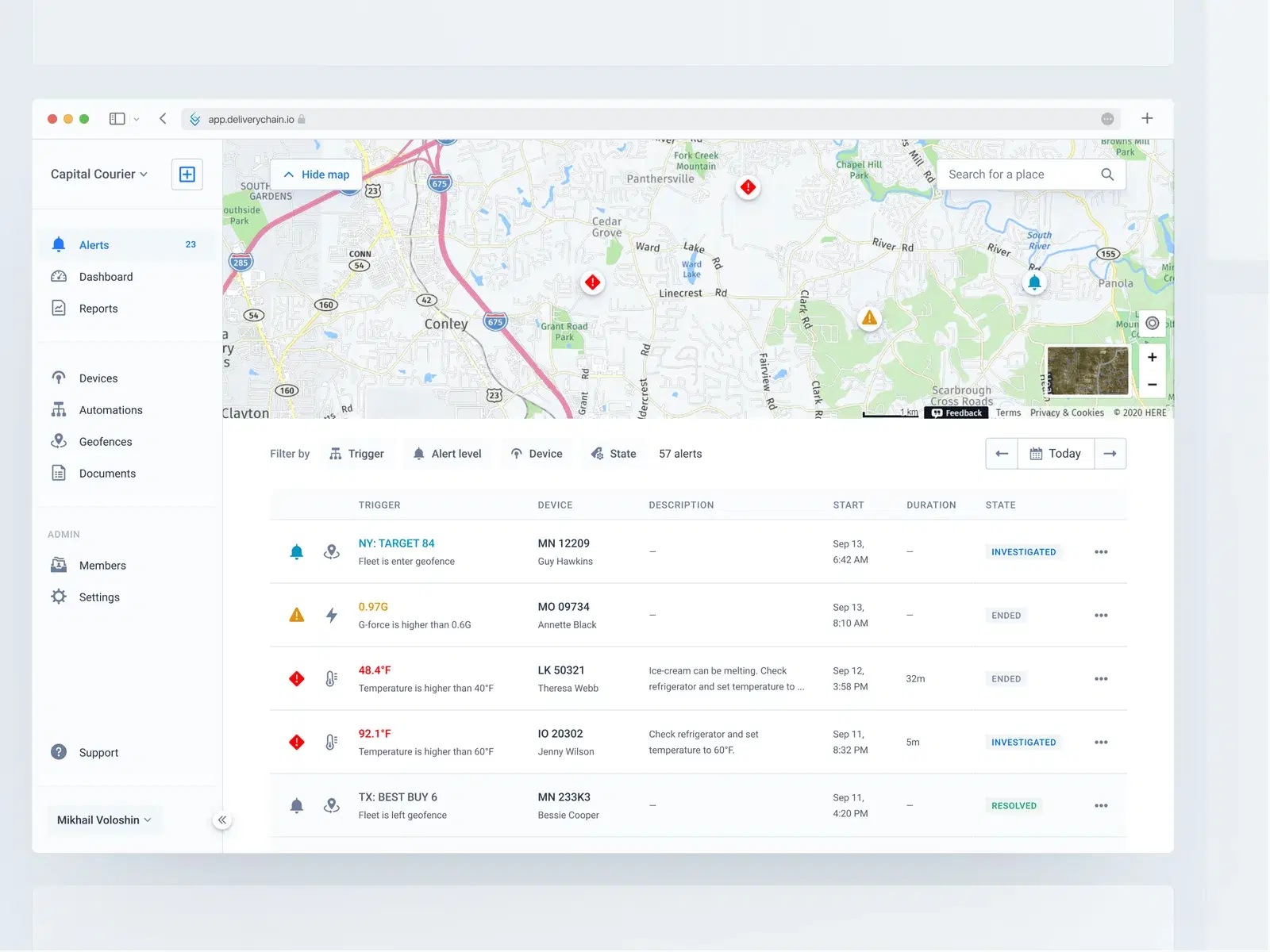 Alerts interface informing dispatchers of potential issues with freights