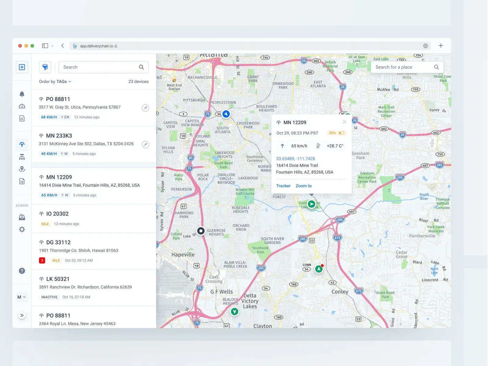 Dashboard view displaying actively tracked trucks in a map interface with additional metadata shown