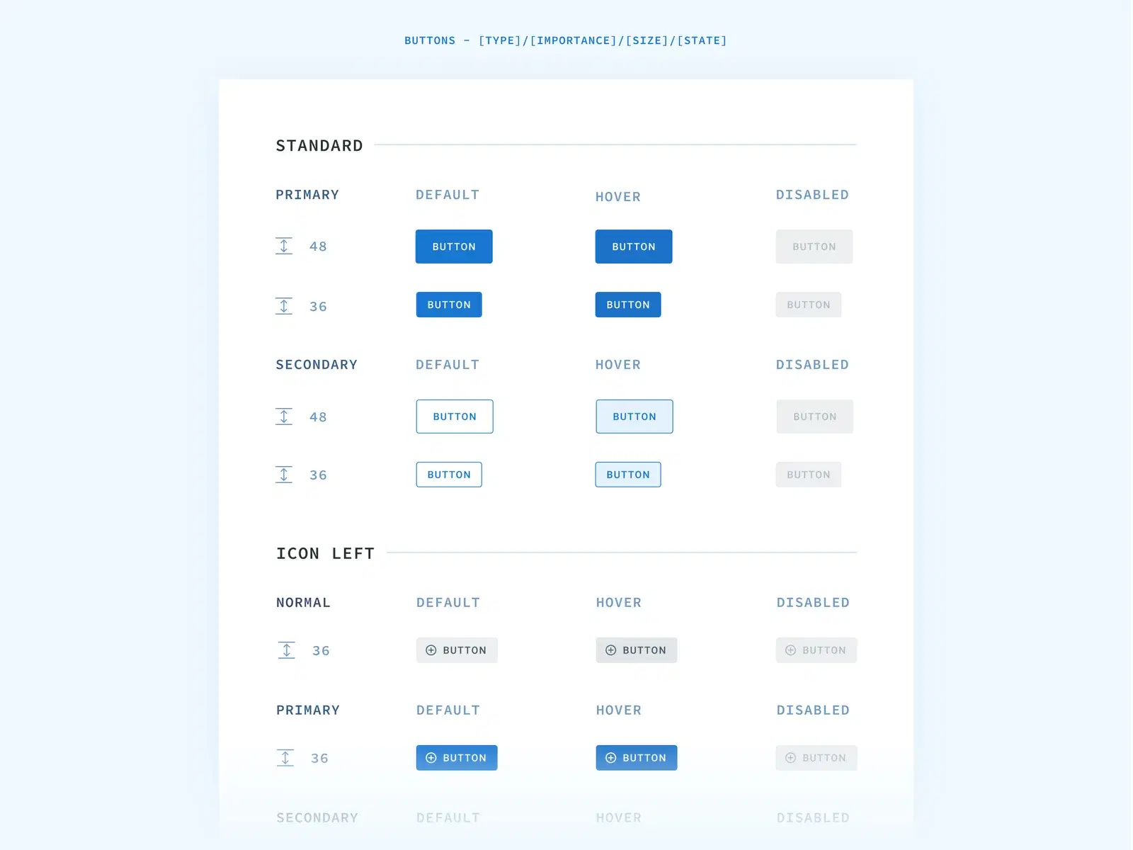 Design system for buttons, showcasing different types, sizes, and states of buttons
