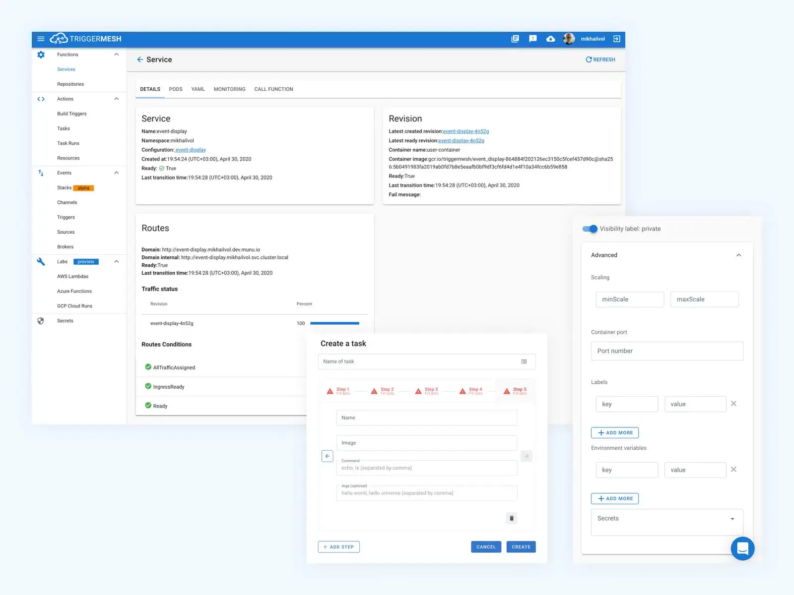 TriggerMesh interface, focusing on the Service section, which includes tabs for details, pods, YAML, monitoring, and call function
