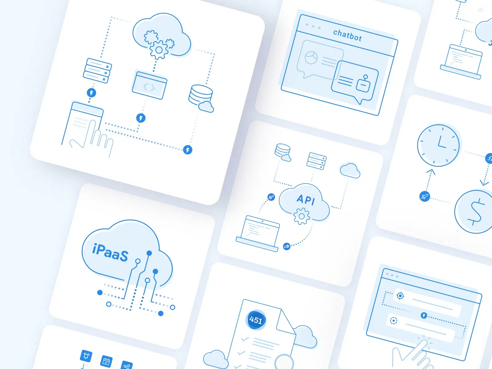 Collection of blue line illustrations representing various cloud computing and integration concepts