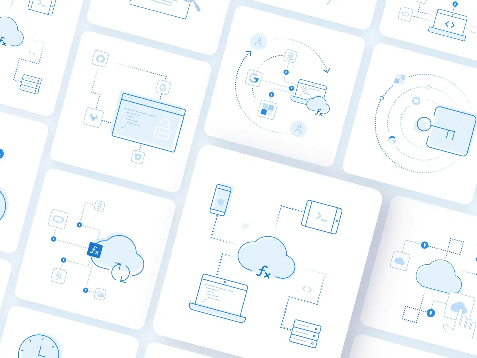 Collection of blue line illustrations representing various cloud computing and integration concepts