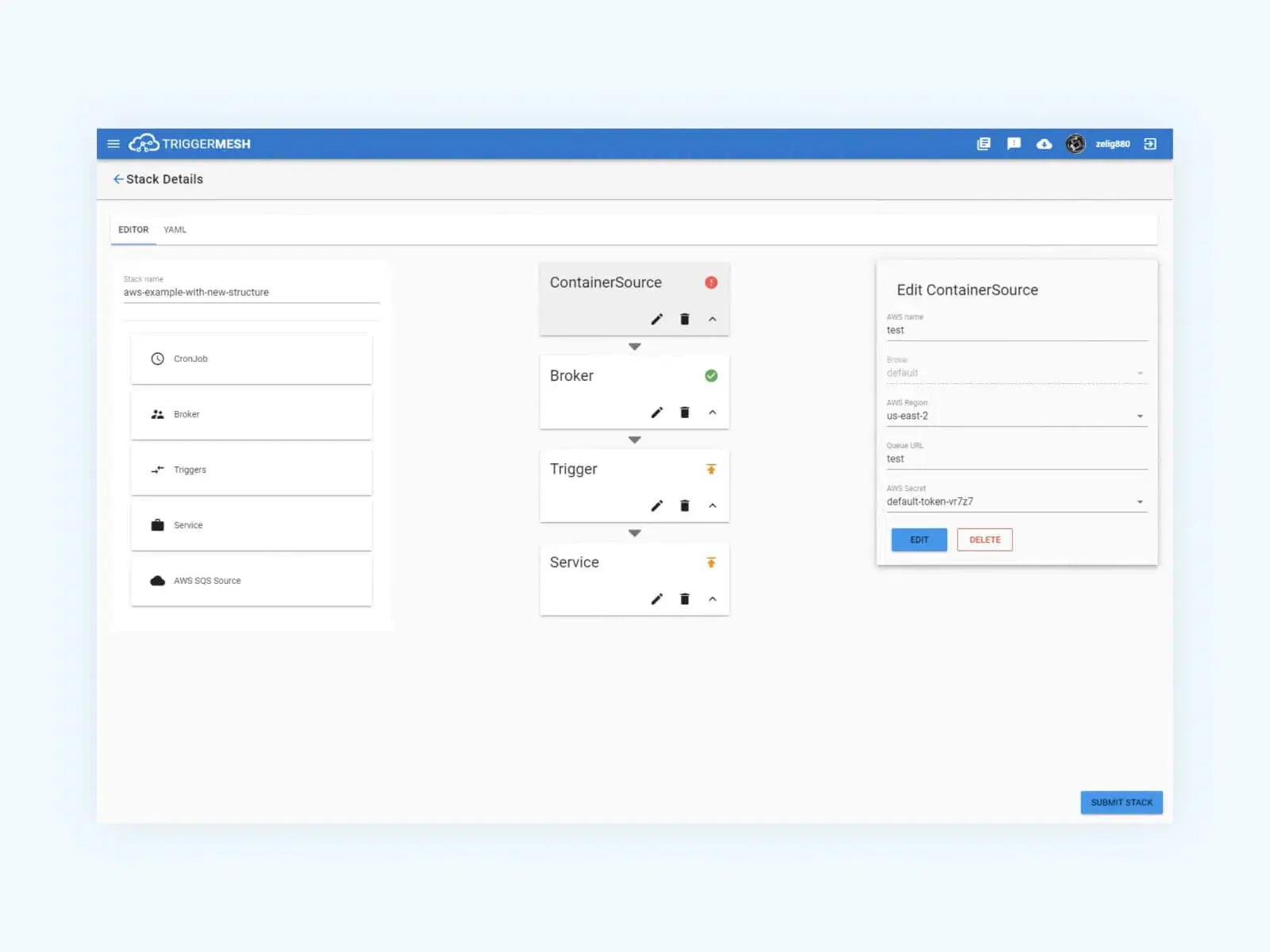 Stack Details interface, featuring an editor with a YAML option, a list of stack components on the left