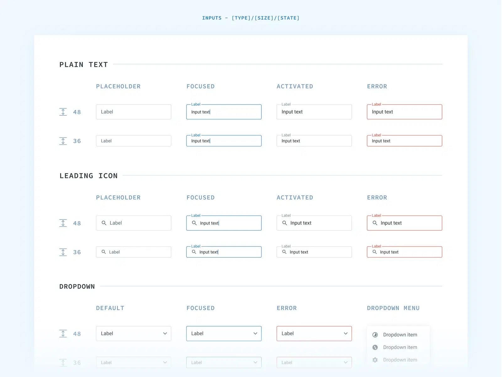 Design system for input fields, illustrating different types, sizes, and states