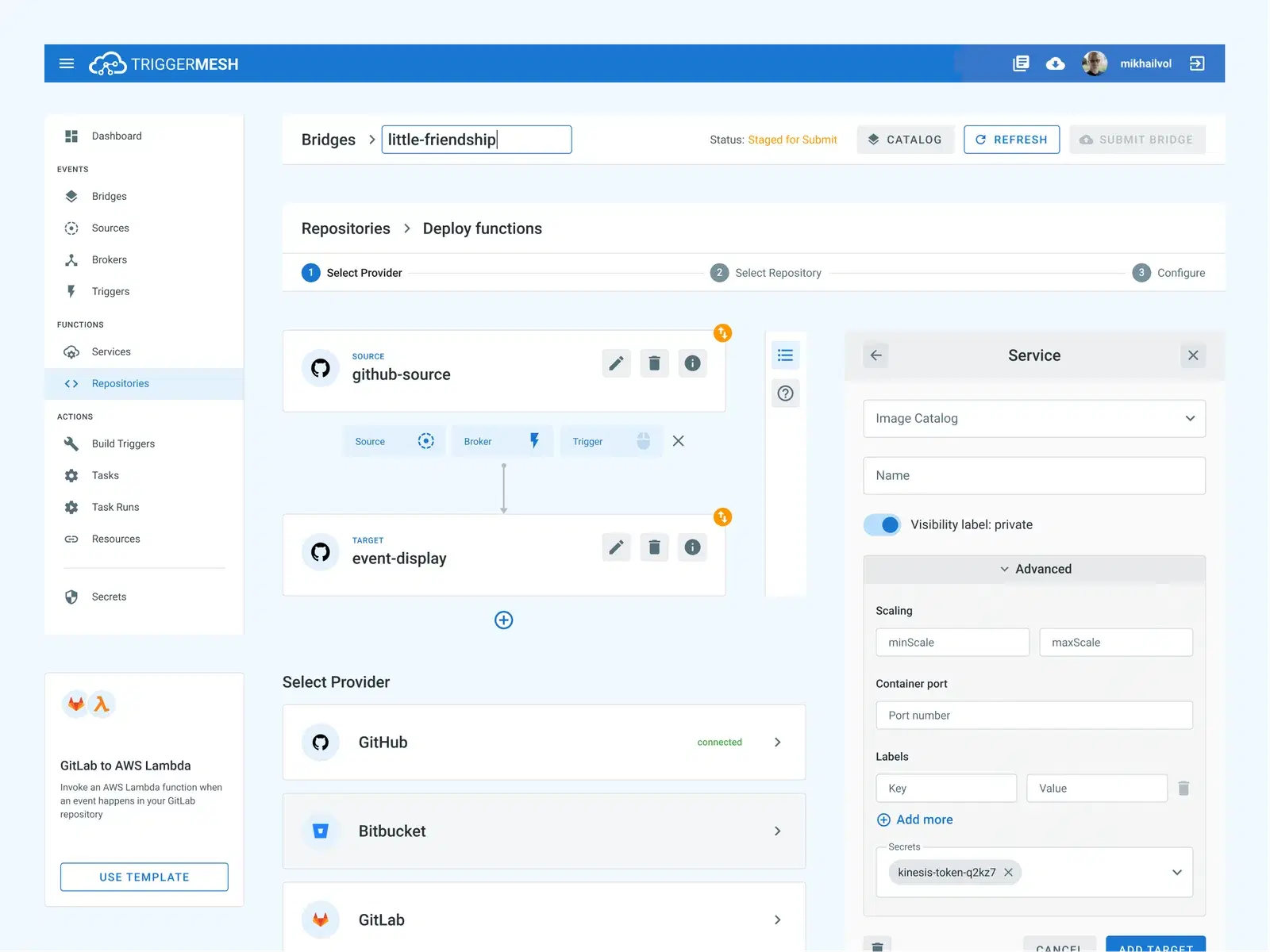 TriggerMesh user interface for configuring a bridge includes options to select a provider, set up a repository, and configure settings